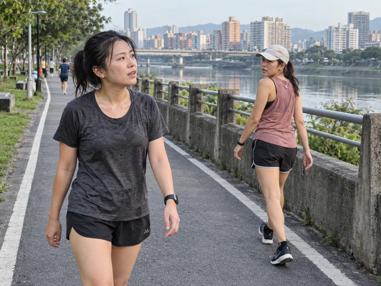 在社區操場由慢跑轉為走路的跑者,查看手錶安排走跑交替