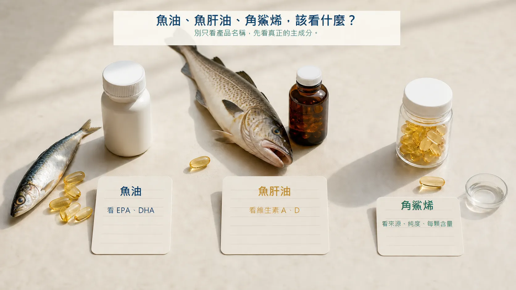 魚油、角鯊烯與魚肝油的成分判讀圖,說明魚油看 EPA DHA、角鯊烯看來源與含量