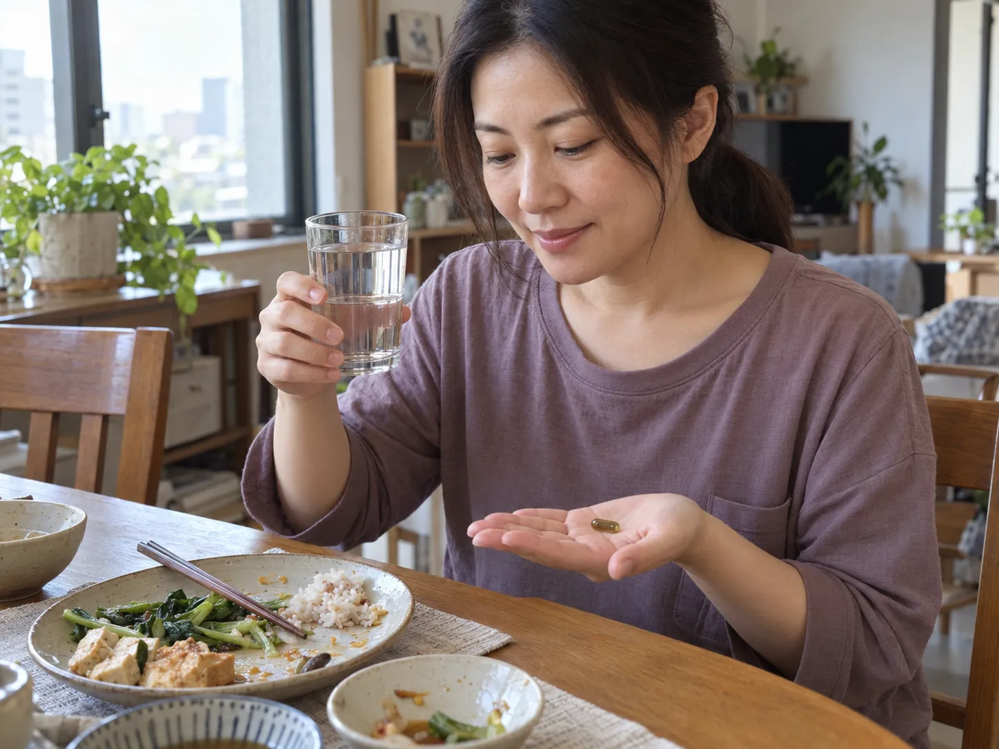 於午餐飯後搭配溫開水補充黑種草籽油與印加果油複方植物膠囊，幫助脂溶性植化素乳化吸收
