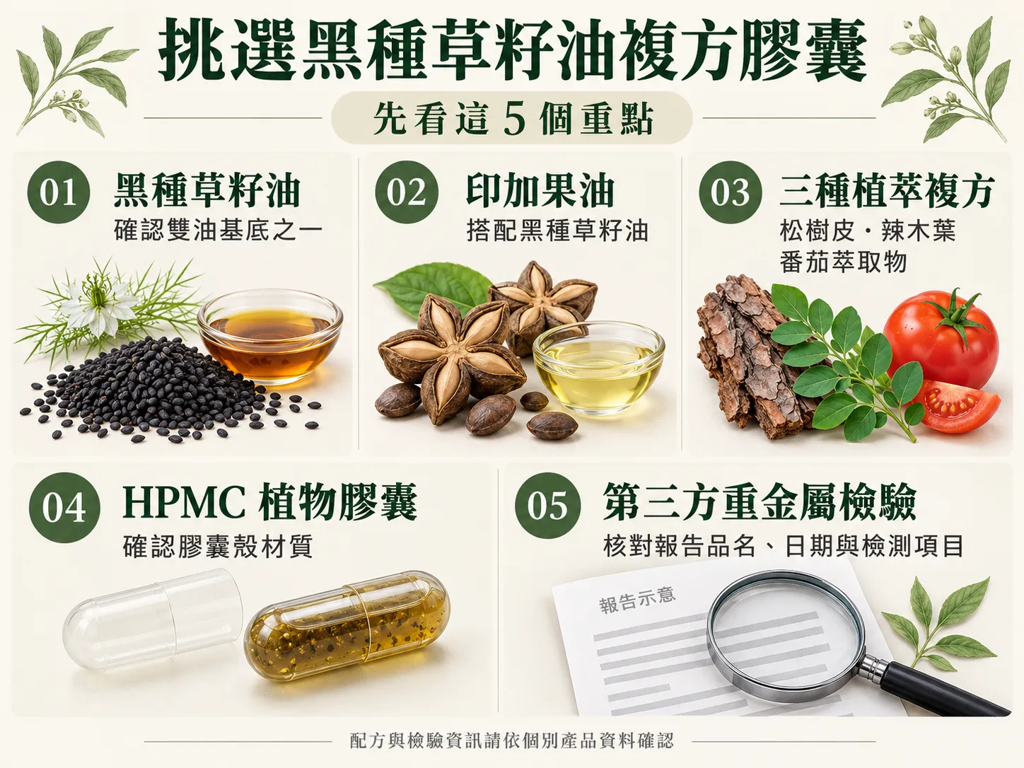 挑選黑種草籽油膠囊的5大指標圖解，確認雙油基底、植萃複方、HPMC植物膠囊與第三方重金屬檢驗