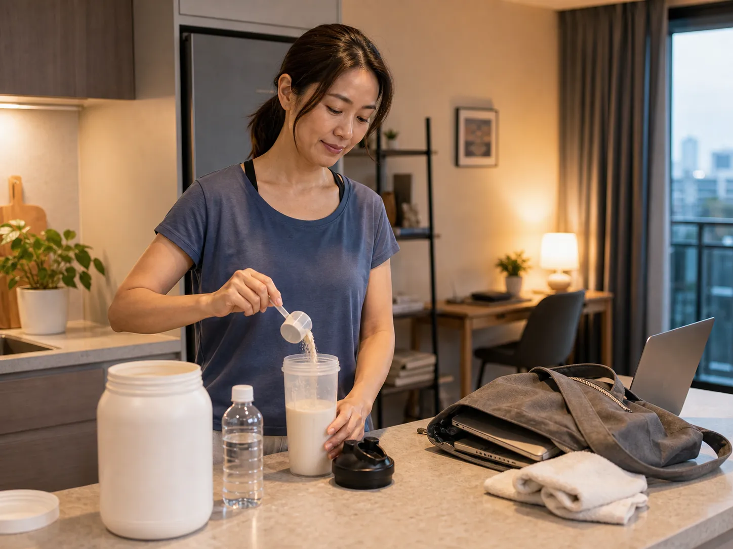居家日常補給情境畫面,呈現乳清蛋白型態選擇和生活安排有關的使用情境