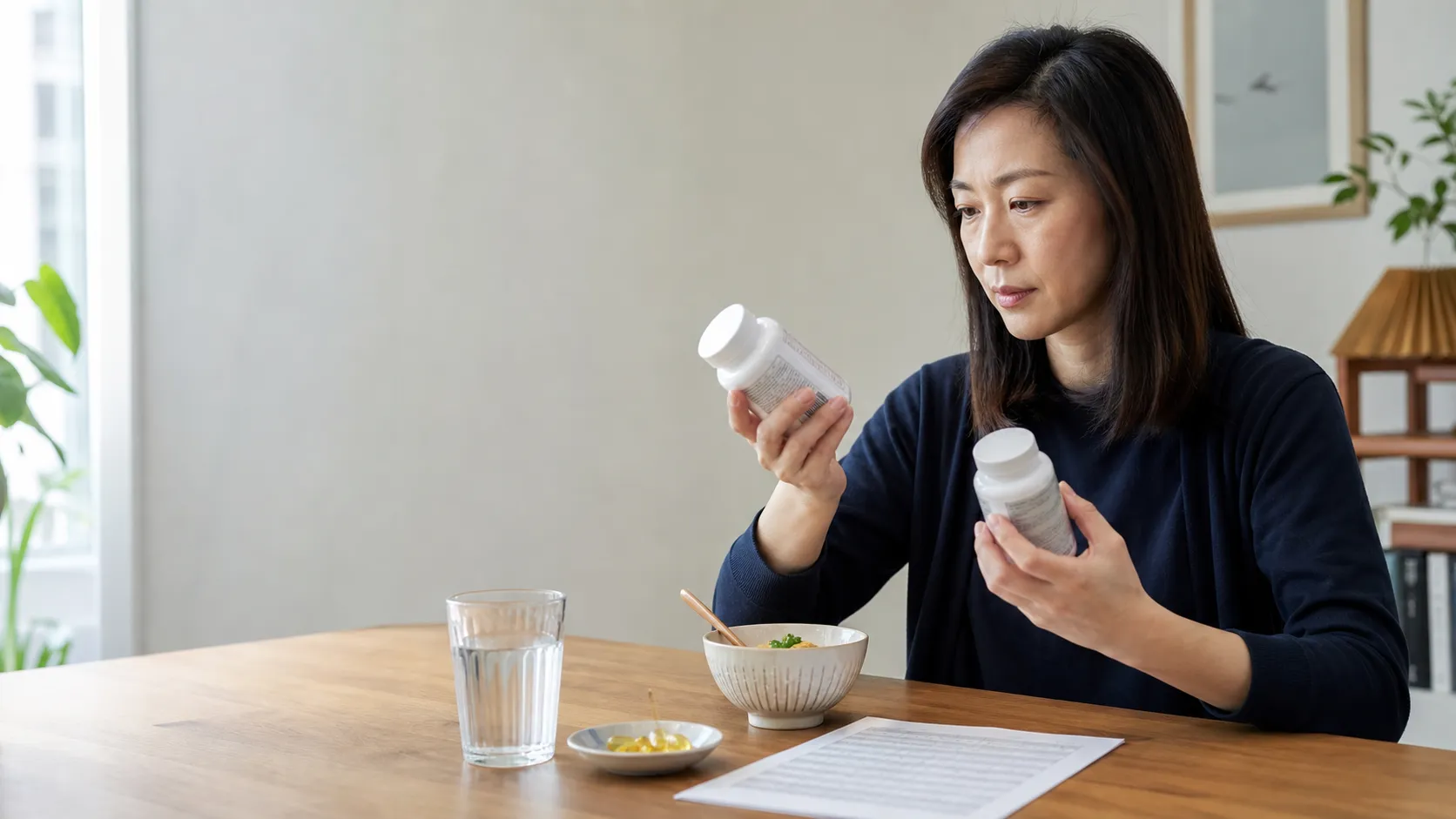 女子在家中比較魚油與角鯊烯補充品,閱讀成分標示判斷是否需要更換