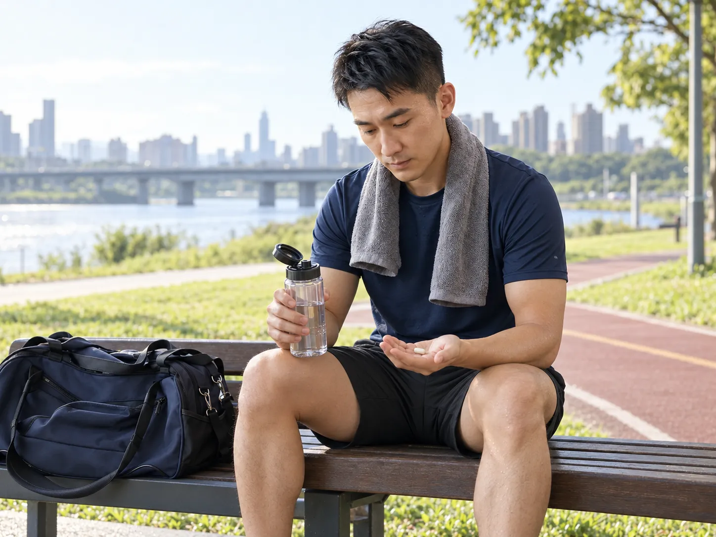 跑者於晨間訓練後補充隨身運動益生菌膠囊，透過植物乳桿菌TWK10與水分補給維持消化道機能與體能狀態