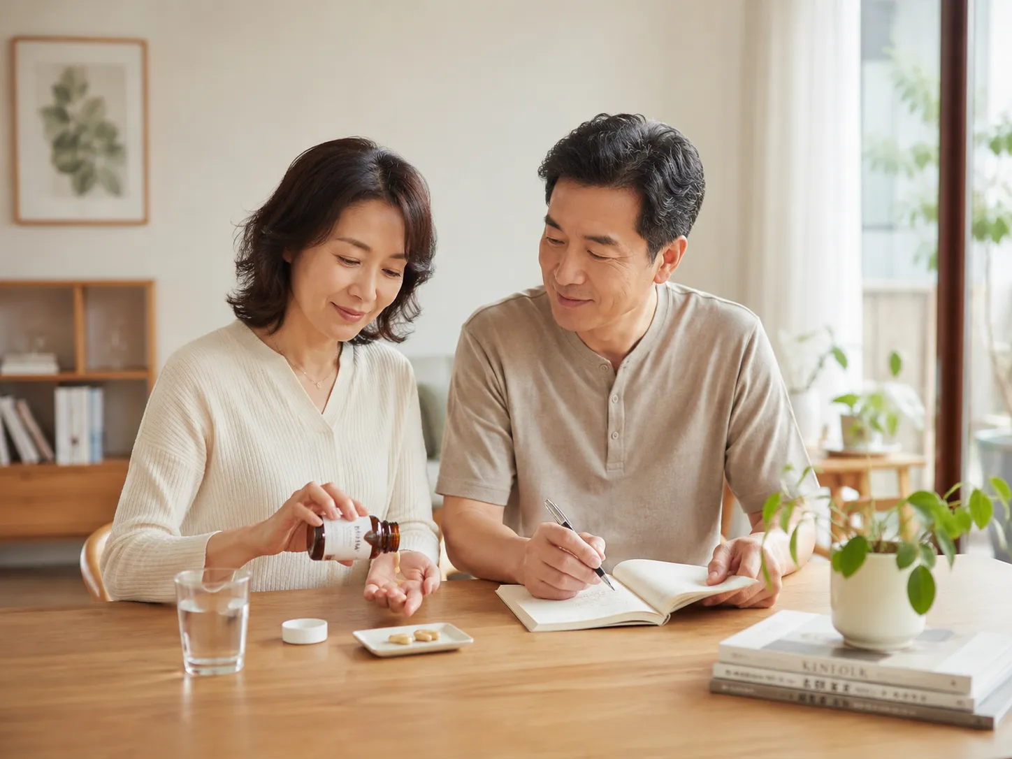 日常保養桌面上擺放植物油膠囊、水杯、筆記本與綠色植栽的生活感情境圖