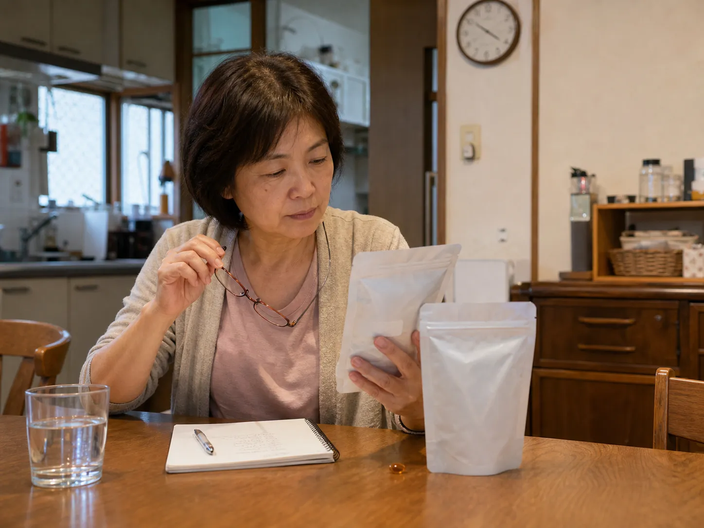 在家閱讀角鯊烯產品標示,確認成分、含量與每日食用資訊