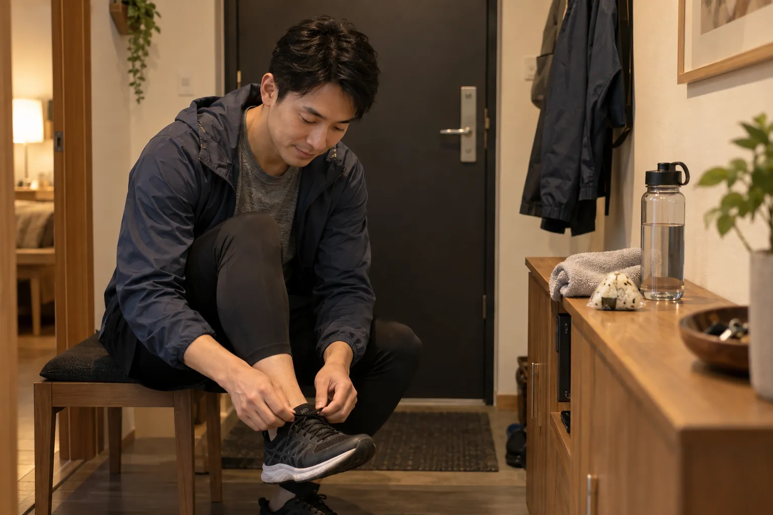 下班後準備外出跑步的人,在玄關整理運動鞋、水壺與運動前小份量點心